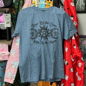 Blue Graphic Tee with Sun and Moon Design-Gildan Softstyle